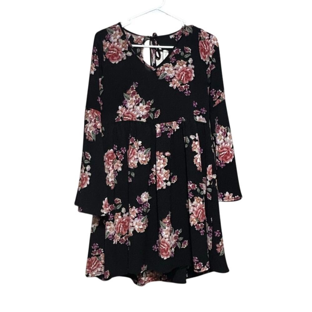 Altar'd State Women's Black Floral Back Tie Flowy Long Sleeve Mini Dress Size S